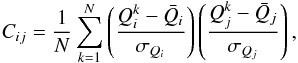 Mathematical equation: \appendix \setcounter{section}{1} \begin{equation} \displaystyle C_{ij} = \frac{1}{N}\sum_{k=1}^{N}\left(\frac{Q_{i}^{k}-\bar{Q}_{i}}{\sigma_{Q_{i}}}\right) \left(\frac{Q_{j}^{k}-\bar{Q}_{j}}{\sigma_{Q_{j}}}\right) , \end{equation}