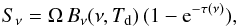 Mathematical equation: \appendix \setcounter{section}{2} \begin{equation} S_{\nu} = \Omega\,B_{\nu}(\nu,T_{\rm d})\,(1-{\rm e}^{-\tau(\nu)}), \end{equation}