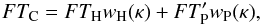 Mathematical equation: \begin{equation} \label{eq:fft-comb} FT_{\rm C} = FT_{\rm H}w_{\rm H}(\kappa) + FT^{\prime}_{\rm P}w_{\rm P}(\kappa), \end{equation}