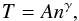 Mathematical equation: \begin{equation} T = A n^\gamma , \end{equation}