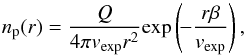 Mathematical equation: \begin{equation} n_{ \rm p}(r) = \frac{Q}{4 \pi v_{\mathrm{exp}}r^2} \mathrm{exp} \left(\! -\frac{r \beta}{v_{\mathrm{exp}}} \right), \label{eq:haser_parent_model} \end{equation}