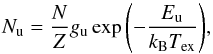 \appendix \setcounter{section}{4} \begin{equation} N_\mathrm{u} = \frac{N}{Z} g_\mathrm{u} \exp{\left(-\frac{E_\mathrm{u}}{k_\mathrm{B} T_\mathrm{ex}}\right)}, \end{equation}