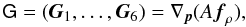Mathematical equation: \begin{equation} \mat{G}=(\vec{G}_1,\ldots,\vec{G}_6)=\nabla_{\vec{p}}(A\vec{f}_\rho), \end{equation}