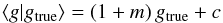 Mathematical equation: \begin{equation} \label{eq:mcbias} \ave{g|g_{\rm true}}= (1+m)\,g_{\rm true}+c \end{equation}