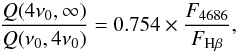 Mathematical equation: \begin{equation} \frac{Q(4\nu_0,\infty)}{Q(\nu_0,4\nu_0)} = 0.754\times \frac{F_{4686}}{F_{{\rm H}\beta}}, \label{eq:heh2} \end{equation}