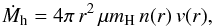 Mathematical equation: \appendix \setcounter{section}{3} \begin{equation} \dot M_{\rm h} = 4\pi\,r^2\,\mu m_{\rm H}\,n(r)\,v(r), \label{app:conity} \end{equation}