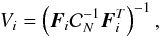Mathematical equation: \begin{eqnarray} V_i = \left(\vec{F}_i {\cal C}^{-1}_N \vec{F}^T_i \right)^{-1}, \end{eqnarray}