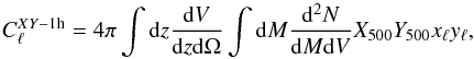 Mathematical equation: \begin{equation} C_{\ell}^{XY-{\rm 1h}} = 4 \pi \int {\rm d}z \frac{{\rm d}V}{{\rm d}z {\rm d}\Omega}\int{\rm d}M \frac{{\rm d^2}N}{{\rm d}M {\rm d}V} {X}_{500} {Y}_{500} x_{\ell} y_{\ell}, \end{equation}