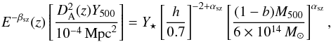 Mathematical equation: \begin{equation} E^{-\beta_{\rm sz}}(z) \left[ \frac{D^2_{\rm A}(z) {Y}_{500}}{10^{-4}\,{\rm Mpc}^2} \right] = Y_\star \left[ \frac{h}{0.7} \right]^{-2+\alpha_{\rm sz}} \left[ \frac{(1-b) M_{500}}{6 \times 10^{14}\,{M_{\odot}}}\right]^{\alpha_{\rm sz}}, \label{szlaw} \end{equation}