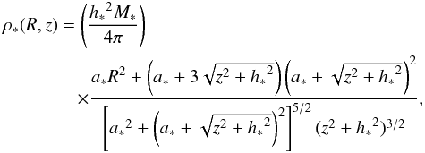 Mathematical equation: \begin{eqnarray} &&\rho_*(R,z)=\left(\frac{{h_*}^2M_*}{4\pi} \right) \nonumber\\ &&\qquad\qquad \times\frac{a_*R^2+\left(a_*+3\sqrt{z^2+{h_*}^2}\right) \left(a_*+\sqrt{z^2+{h_*}^2}\right)^2}{\left[{a_*}^2+ \left(a_*+\sqrt{z^2+{h_*}^2}\right)^2\right]^{5/2}(z^2+{h_*}^2)^{3/2}}, \end{eqnarray}