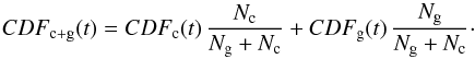 Mathematical equation: \appendix \setcounter{section}{4} \begin{equation} CDF_\mathrm{c+g}(t)=CDF_\mathrm{c}(t)\, \frac{N_\mathrm{c}}{N_\mathrm{g}+N_\mathrm{c}} + CDF_\mathrm{g}(t)\, \frac{N_\mathrm{g}}{N_\mathrm{g}+N_\mathrm{c}} \cdot \end{equation}