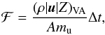 Mathematical equation: \begin{equation} \mathcal{F}=\frac{(\rho |\vec{u}|Z)_{\mathrm{VA}}}{A m_{\mathrm{u}}}\Delta t, \label{eq:feflu} \end{equation}