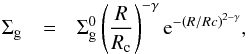 Mathematical equation: \begin{eqnarray} \Sigma_{\rm g} &=& \Sigma_{\rm g}^0 \left( \frac{R}{R_{\rm c}} \right)^{-\gamma} {\rm e}^{-(R/Rc)^{2-\gamma}}, \label{eq:eq1-sec2-1} \end{eqnarray}