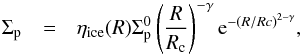 Mathematical equation: \begin{eqnarray} \Sigma_{\rm p} &=& \eta_{\text{ice}}(R) \Sigma_{\rm p}^0 \left( \frac{R}{R_{\rm c}} \right)^{-\gamma} {\rm e}^{-(R/Rc)^{2-\gamma}}, \label{eq:eq3-sec2-1} \end{eqnarray}