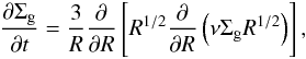 Mathematical equation: \begin{eqnarray} \frac{\partial \Sigma_{\rm g}}{\partial t}= \frac{3}{R}\frac{\partial}{\partial R} \left[ R^{1/2} \frac{\partial}{\partial R} \left( \nu \Sigma_{\rm g} R^{1/2} \right) \right], \label{eq:eq1-sec2-2} \end{eqnarray}