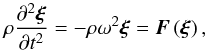 Mathematical equation: \begin{equation} \rho\frac{\partial^2\bfxi}{\partial t^2}=-\rho\omega^2\bfxi=\vec{F}\left(\bfxi \right), \label{a1} \end{equation}