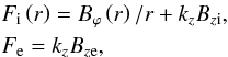 Mathematical equation: \begin{eqnarray} && F_{\rm i}\left(r\right)=B_{\varphi}\left(r\right)/r+k_{z}B_{z\rm i}, \nonumber \\ && F_{\rm e}=k_{z}B_{z\rm e}, \label{CC6} \end{eqnarray}