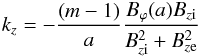 Mathematical equation: \begin{eqnarray*} k_z=-\frac{\left(m-1\right)}{a}\frac{B_{\varphi}(a)B_{z\rm i}}{B_{z\rm i}^2+B_{z\rm e}^2} \nonumber \end{eqnarray*}