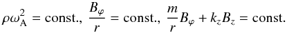 Mathematical equation: \appendix \setcounter{section}{2} \begin{equation} \rho\omega_{\rm A}^2={\rm const.}, \, \frac{B_{\varphi}}{r}={\rm const.}, \, \frac{m}{r}B_{\varphi}+k_z B_z={\rm const.} \label{AA4} \end{equation}