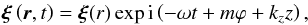 Mathematical equation: \begin{eqnarray*} \bfxi\left(\vec{r}, t\right)=\bfxi(r)\exp {\rm i} \left(-\omega t+m\varphi +k_z z\right), \nonumber \end{eqnarray*}