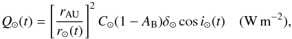 Mathematical equation: \begin{equation} Q_\odot (t)=\left[\frac{r_{\text{AU}}}{r_{\odot}(t)}\right]^{2}C_{\odot}(1-A_{\rm B}) \delta_{\odot} \cos{i_\odot(t)} \quad ({\rm W\,m}^{-2}), \end{equation}