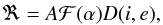 Mathematical equation: \begin{equation} \Re = A\mathcal{F}(\alpha)D(i,e), \label{eq:radfac} \end{equation}
