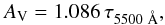 Mathematical equation: \begin{equation} A_{\rm V} = 1.086 \, \tau_{5500~ \rm\mathring{A}}, \end{equation}