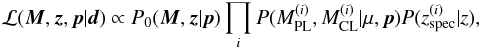 Mathematical equation: \begin{equation} \label{eq:posterior} \lkhd(\bM, \bz, \bp \vert \vec{d}) \propto P_0(\bM, \bz \vert \bp) \prod_i P(\Mpl^{(i)}, \Mcl^{(i)} \vert \mu, \bp) P(\zspec^{(i)} \vert z), \end{equation}