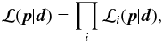 Mathematical equation: \begin{equation} \label{eq:post} \lkhd(\bp \vert \vec{d}) = \prod_i \lkhd_i (\bp \vert \vec{d}), \end{equation}