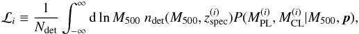 Mathematical equation: \begin{equation} \label{eq:post_i2} \lkhd_i \equiv \frac{1}{N_{\text{det}}} \int_{-\infty}^\infty {\rm d}\ln\Mfive \ \ndet(\Mfive, \zspec^{(i)}) P(\Mpl^{(i)}, \Mcl^{(i)} \vert \Mfive, \bp), \end{equation}