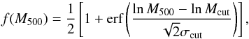 Mathematical equation: \begin{equation} \label{eq:sel_func} f(\Mfive) = \frac{1}{2} \left[ 1 + \text{erf}\left( \frac{\ln \Mfive - \ln \Mcut}{\sqrt{2} \sigerf} \right) \right], \end{equation}