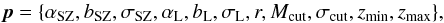 Mathematical equation: \begin{equation} \bp = \{\asz,\bsz,\sigsz,\al,\bl,\sigl,r,\Mcut,\sigerf,\zmin,\zmax\}, \end{equation}