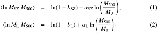 Mathematical equation: \begin{eqnarray} \avg{\ln\Msz | \Mfive} & =& \ln(1- \bsz) + \asz \ln\left(\frac{\Mfive}{M_0}\right) , \label{eq:avgmsz} \\ \avg{\ln\Ml | \Mfive} & = & \ln(1- \bl) + \al \ln\left(\frac{\Mfive}{M_0}\right)\cdot \label{eq:avgml} \end{eqnarray}