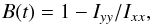 Mathematical equation: \begin{equation} B(t) = 1 - I_{yy}/I_{xx}, \label{eq:barstr} \end{equation}