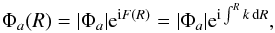 Mathematical equation: \begin{equation} \Phi_a(R) = |\Phi_a| \textrm{e}^{{\rm i}F(R)} = |\Phi_a| \textrm{e}^{{\rm i}\int^R k\, {\rm d}R}, \label{eq:pot} \end{equation}