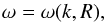 Mathematical equation: \begin{equation} \omega = \omega(k,R), \label{eq:WKB_g} \end{equation}