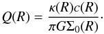 Mathematical equation: \begin{equation} Q(R) = \frac{\kappa(R)c(R)}{\pi G \Sigma_0(R)}\cdot \label{eq:Qt} \end{equation}