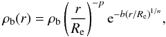 Mathematical equation: \begin{equation} \rho_\textrm{b}(r) = \rho_\textrm{b} \left( \frac r{R_{\rm e}} \right)^{-p} \textrm{e}^{-b(r/R_{\rm e})^{1/n}}, \label{eq:bulge_dens} \end{equation}