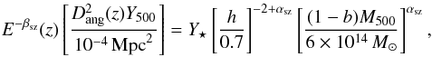Mathematical equation: \begin{equation} E^{-\beta_{\rm sz}}(z) \left[ \frac{D^2_{\rm ang}(z) {Y}_{500}}{10^{-4}\,{\rm Mpc}^2} \right] = Y_\star \left[ \frac{h}{0.7} \right]^{-2+\alpha_{\rm sz}} \left[ \frac{(1-b) M_{500}}{6 \times 10^{14}\,{M_{\odot}}}\right]^{\alpha_{\rm sz}}, \label{szlaw} \end{equation}