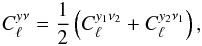 Mathematical equation: \begin{eqnarray} \label{Eq:Clynu} C_\ell^{y\nu} = \frac{1}{2}\left( C_\ell^{y_1\nu_2} + C_\ell^{y_2\nu_1} \right), \end{eqnarray}