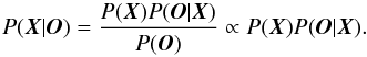 Mathematical equation: \begin{equation} P(\bX|\bO) = \frac{P(\bX) P(\bO|\bX)}{P(\bO)} \propto P(\bX) P(\bO|\bX).\label{eq:bayes} \end{equation}