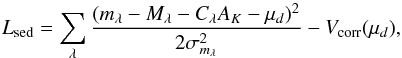 Mathematical equation: \begin{equation} L_{\rm sed} = \sum_\lambda \frac{(m_\lambda - M_\lambda - C_\lambda A_K - \mu_d)^2}{2 \sigma_{m_\lambda}^2} - V_{\rm corr}(\mu_d), \end{equation}