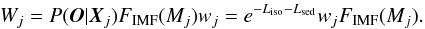 Mathematical equation: \begin{equation} \label{eq:model_weight} W_j = P(\bO|\bX_j)F_{\rm IMF}(M_j) w_j = e^{-L_{\rm iso}-L_{\rm sed}} w_j F_{\rm IMF}(M_j). \end{equation}