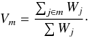 Mathematical equation: \begin{equation} V_m = \frac{\sum_{j \in m}W_j}{\sum W_j}\cdot \end{equation}