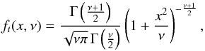 Mathematical equation: \appendix \setcounter{section}{2} \begin{equation} f_t(x, \nu) = \frac{\Gamma \left(\frac{\nu+1}{2} \right)} {\sqrt{\nu\pi}\,\Gamma \left(\frac{\nu}{2} \right)} \left(1+\frac{x^2}{\nu} \right)^{-\frac{\nu+1}{2}}, \end{equation}