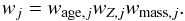 Mathematical equation: \begin{equation} w_j = w_{{\rm age}, j} w_{Z, j} w_{{\rm mass}, j}. \label{eq:weight} \end{equation}