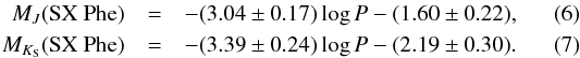 Mathematical equation: \begin{eqnarray} M_J({\rm SX~Phe}) &= &-(3.04 \pm 0.17) \log{P} - (1.60 \pm 0.22), \label{eq1b} \\ M_{K_{\rm S}}({\rm SX~Phe}) &= &-(3.39 \pm 0.24) \log{P} - (2.19 \pm 0.30)\rm{.} \label{eq2b} \end{eqnarray}