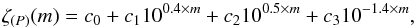 Mathematical equation: \begin{equation} \zeta_{(P)} ( m ) = c_{0} + c_{1} 10^{0.4\times m} + c_{2} 10^{0.5\times m}+ c_{3} 10^{-1.4\times m}, \label{eq_stratevamod} \end{equation}