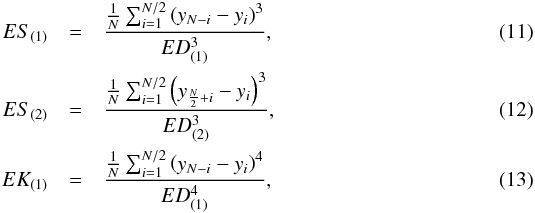 Mathematical equation: \begin{eqnarray} ES_{(1)} &=& \frac{ \frac{1}{N} \sum_{i=1}^{N/2} \left(y_{N-i} - y_{i}\right)^{3} }{ ED_{(1)}^{3} }, \label{eq_defs1} \\ ES_{(2)} &=& \frac{ \frac{1}{N} \sum_{i=1}^{N/2} \left(y_{\frac{N}{2}+i} - y_{i}\right)^{3} }{ ED_{(2)}^{3} }, \label{eq_defs2} \\ EK_{(1)} &=& \frac{ \frac{1}{N} \sum_{i=1}^{N/2} \left(y_{N-i} - y_{i}\right)^{4} }{ ED_{(1)}^{4} }, \label{eq_defs3} \end{eqnarray}