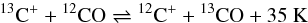 Mathematical equation: \begin{equation} \label{eqn:frac} ^{13}\rm{C^{+}} + \rm{^{12}CO} \rightleftharpoons \rm{^{12}C^{+}} + \rm{^{13}CO} + 35~\rm{K} \end{equation}